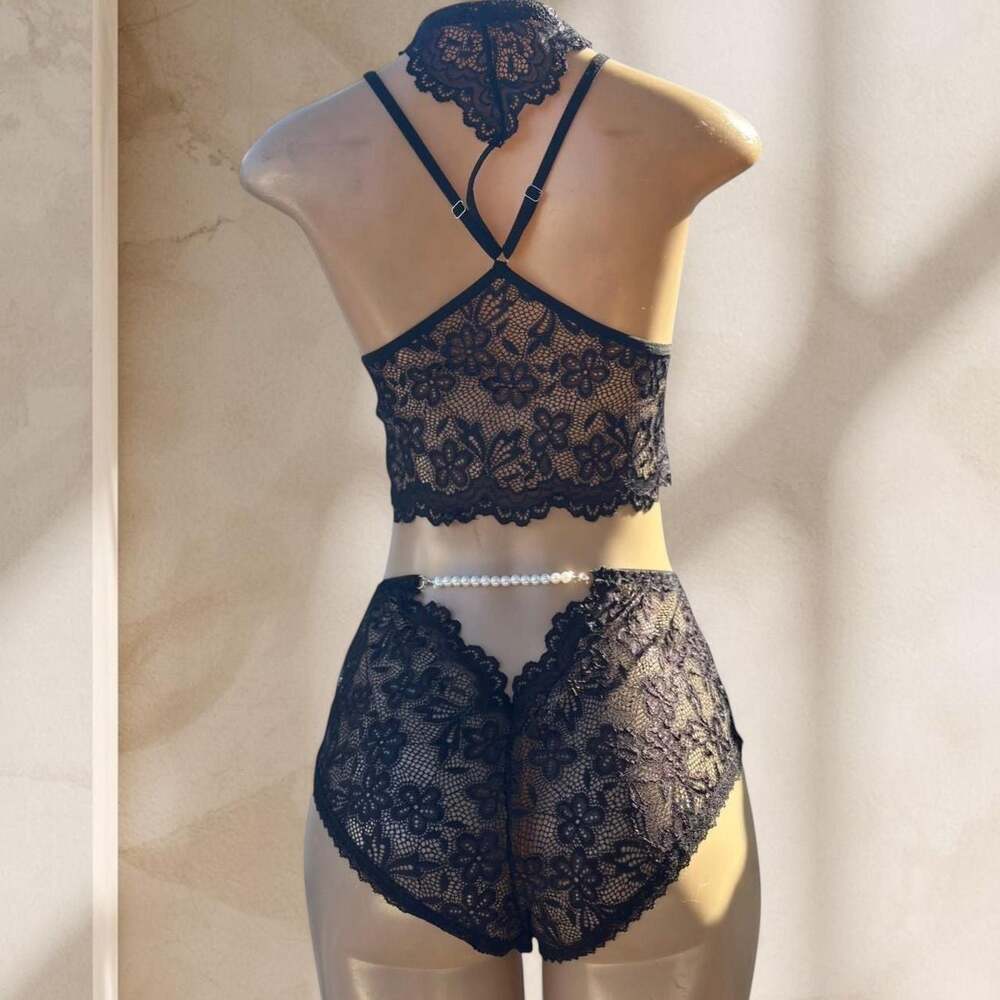 Black Lace Lingerie Set – Bralette, Panty & Sheer Robe 3 Piece Sexy Elegant ✧ M - Picture 5 of 5
